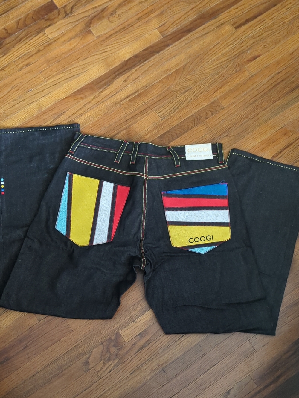 COOGI Black Denim Shorts with Multicolor Striped Pockets